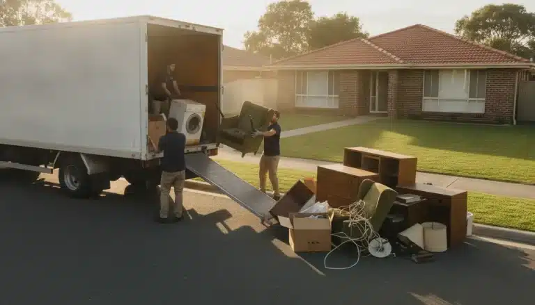 Moving truck parked outside suburban house with workers loading furniture and appliances