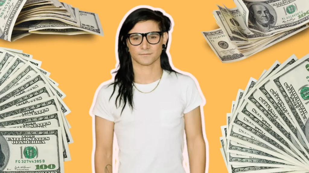 Skrillex in his early career look surrounded by cash stacks showing how he makes his money.