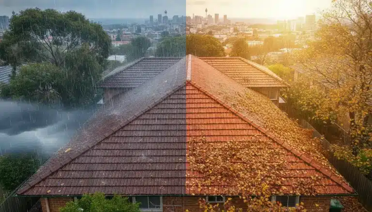 Contrasting weather on tiled rooftops with dark stormy clouds and bright autumn sun over cityscape