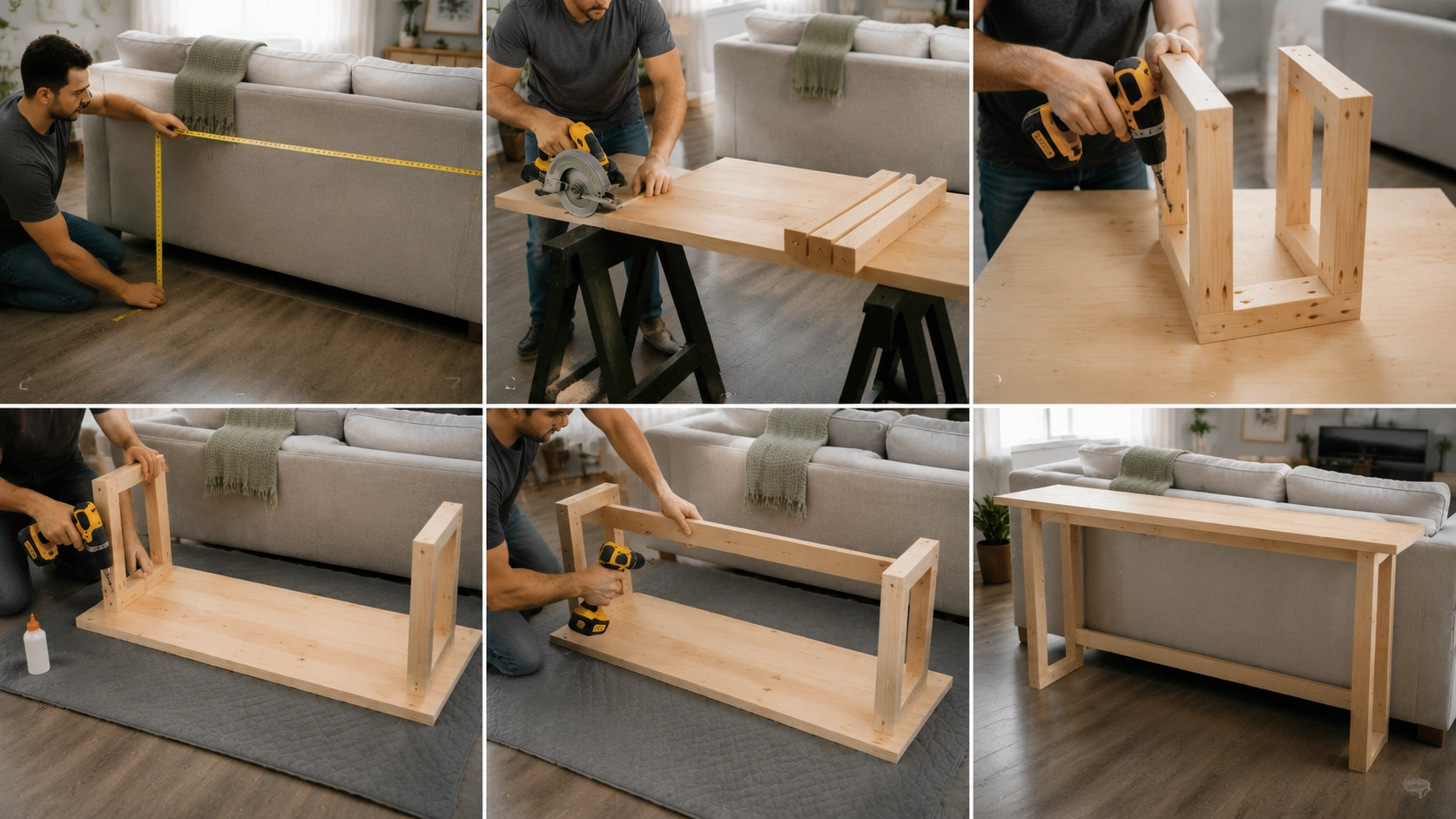 DIY sofa table build showing six steps from measuring and cutting wood to assembling a wooden console table behind a sofa.
