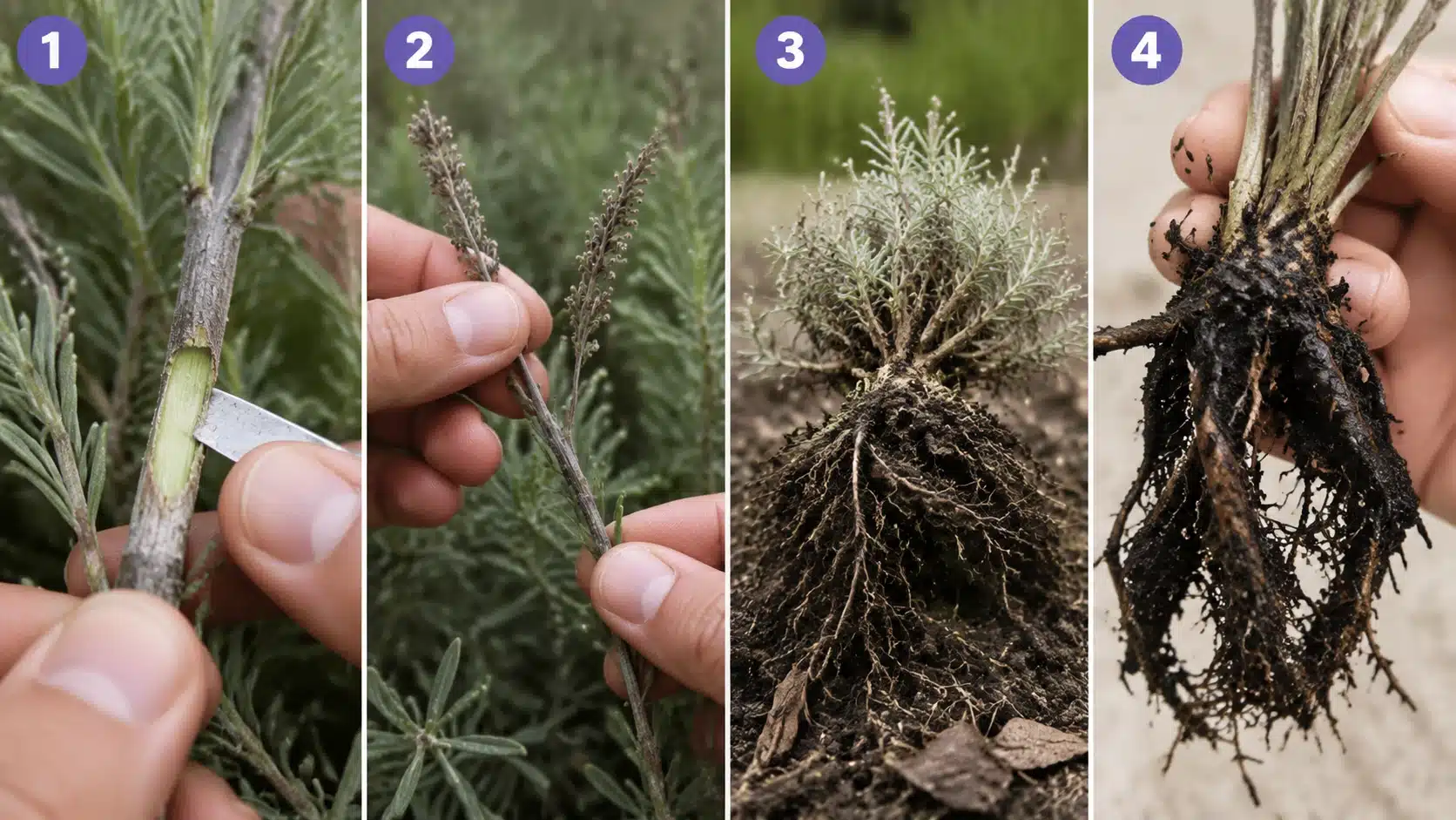 Lavender plant health checks showing scratch test, stem flexibility, and root inspection to determine if the plant is still alive.