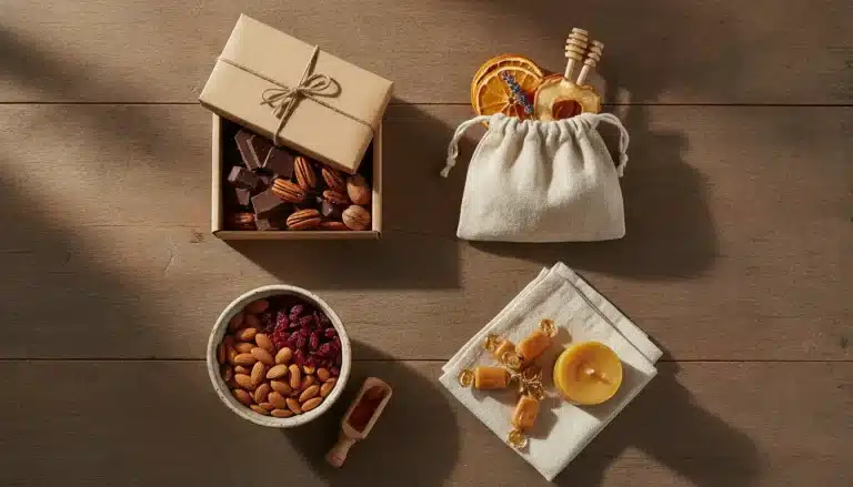 Assorted snacks and gifts arranged on wooden surface in warm natural light