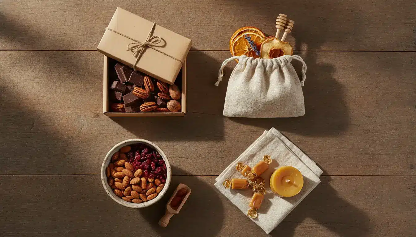 Assorted snacks and gifts arranged on wooden surface in warm natural light