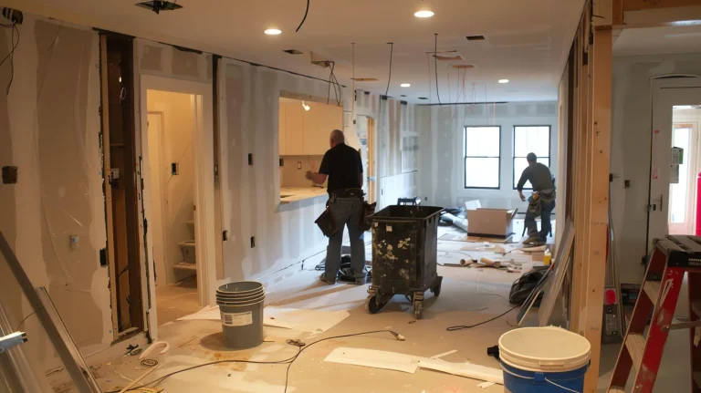 Two workers renovating a kitchen with tools and paint buckets in a bright room