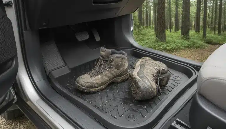 Muddy hiking boots on black rubber car floormat with forest view beyond open door