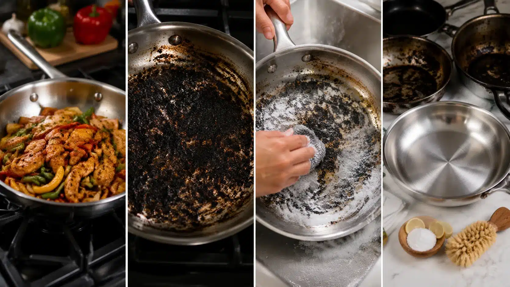 Four-panel image showing burnt pans being cleaned, including stainless steel, cast iron, copper, and nonstick pans with different scrubbing methods