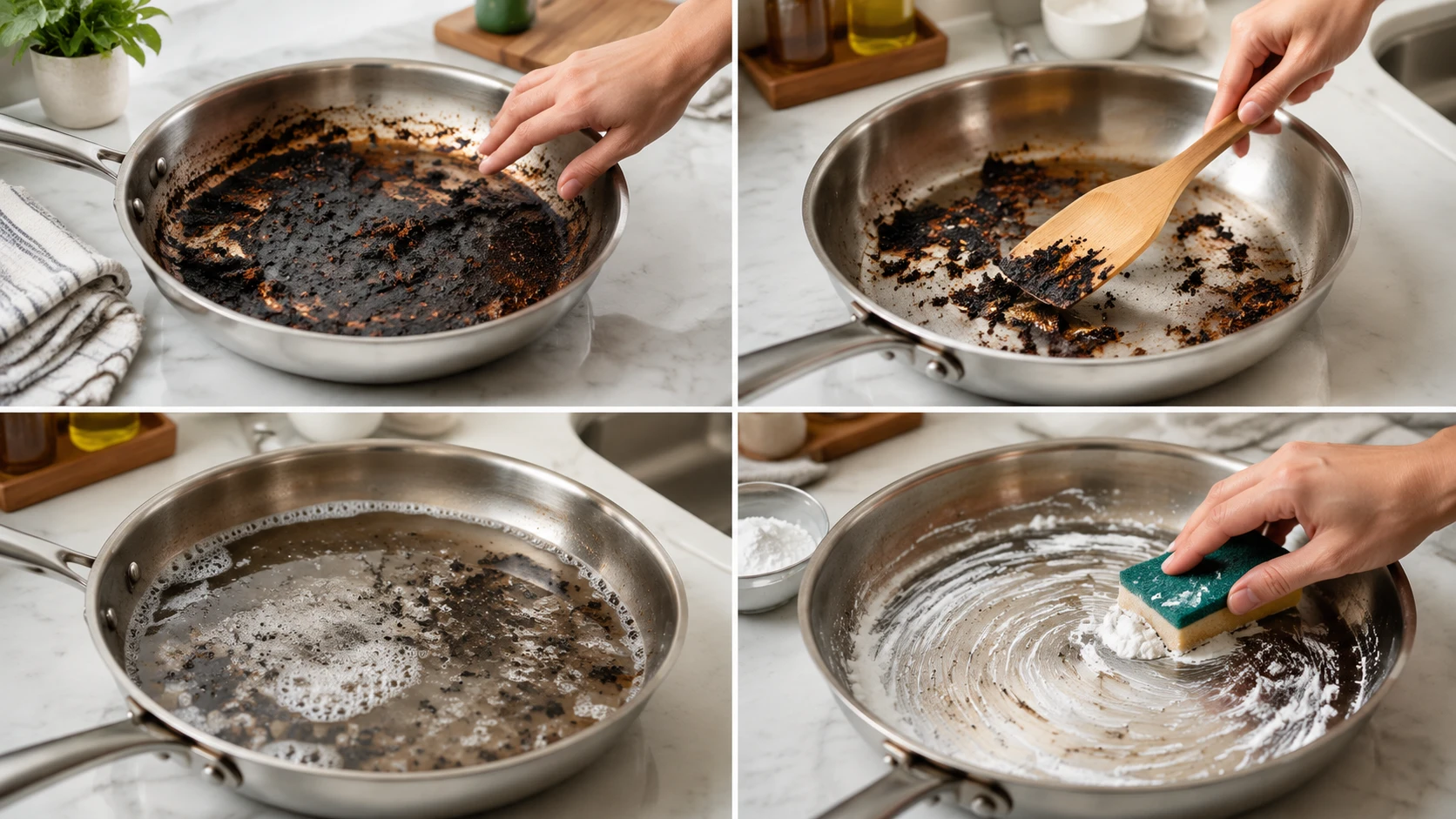Step-by-step process showing how to clean a burnt pan using soaking, scraping, and baking soda paste in a kitchen setting