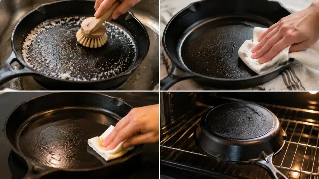 Cleaning a cast iron pan with salt scrub, drying, and oil seasoning to prevent rust and maintain its cooking surface
