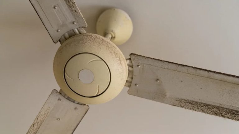 Dusty ceiling fan blades covered with dirt and buildup, showing a common home cleaning and maintenance issue.