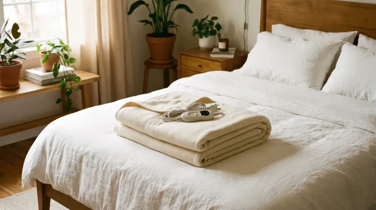 A clean freshly washed heated blanket folded neatly on a white bed showing the result of safe cleaning done correctly.