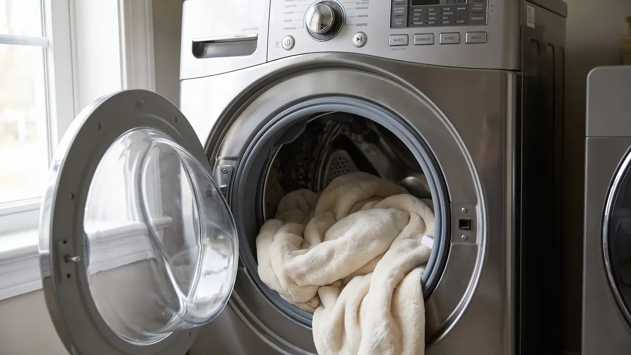 Heated blanket placed loosely in a front-loading washing machine set to gentle cycle for safe cleaning at home.