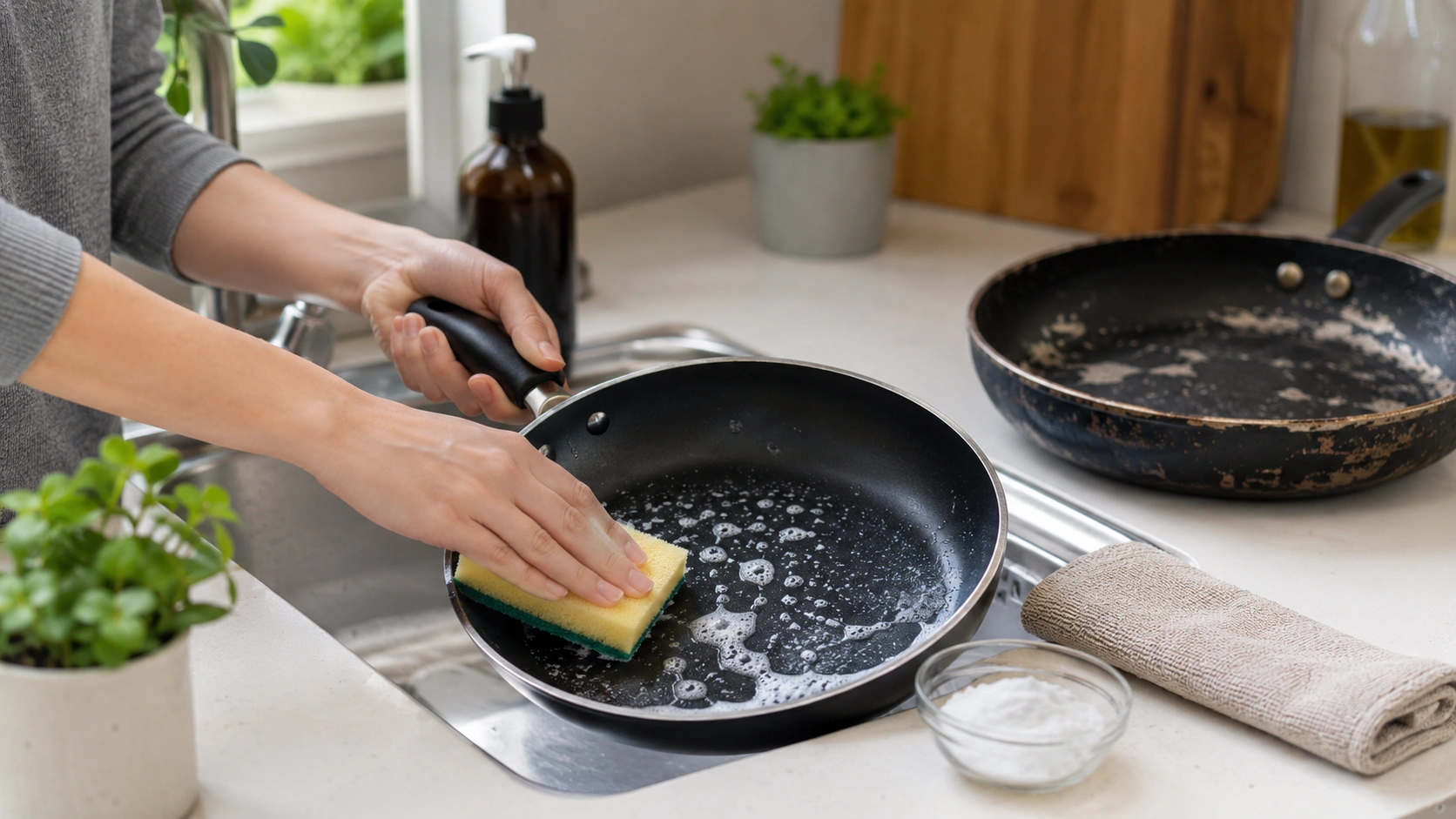 Nonstick pan being gently cleaned with a soft sponge, dish soap, and warm water to protect the coating