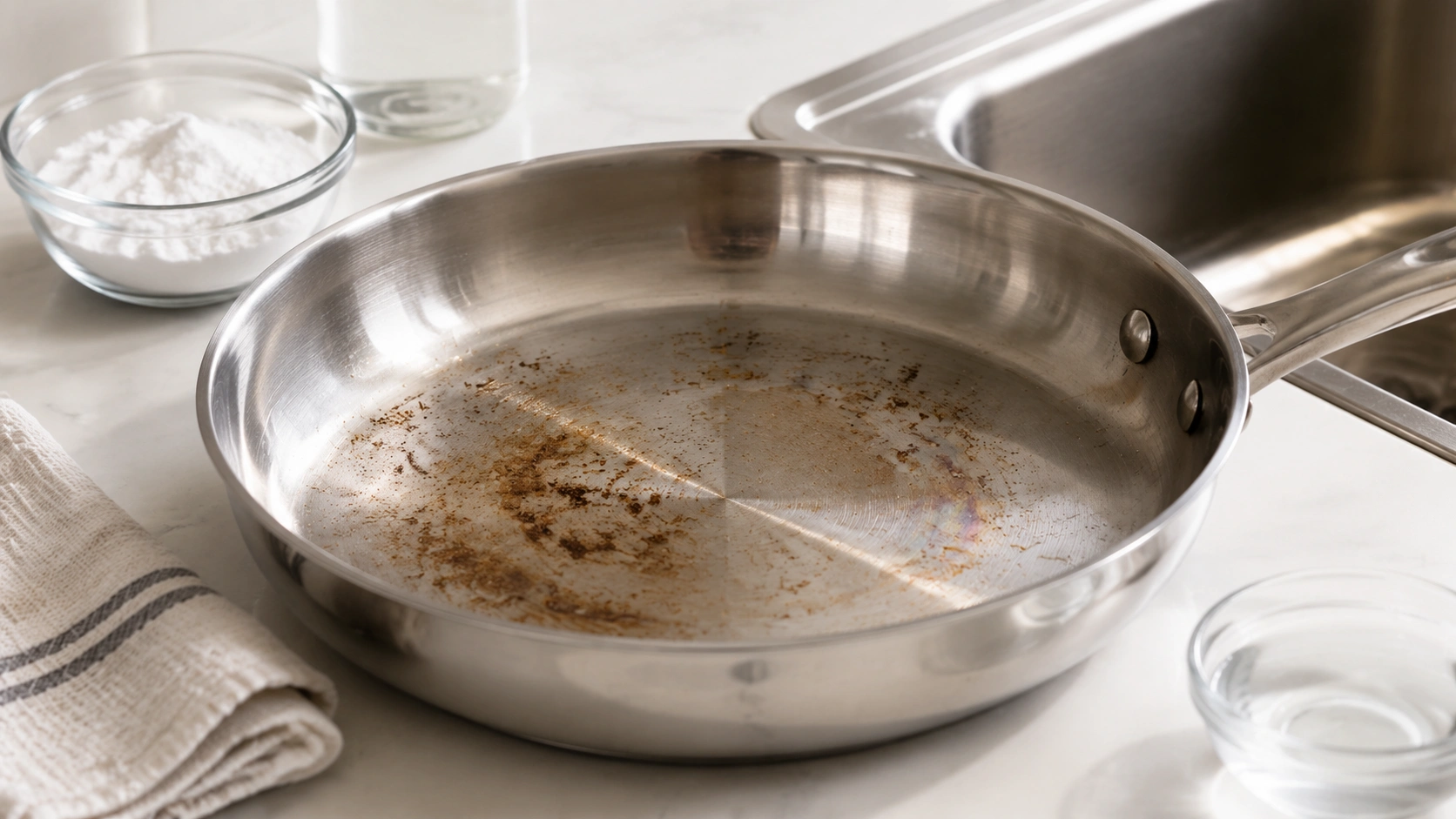 Stainless steel pan with burnt residue being cleaned using baking soda and gentle kitchen cleaning methods