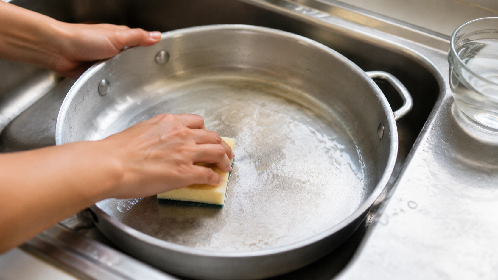 Cleaning an aluminum pan safely with a soft sponge and mild solution to remove stains without causing discoloration or damage