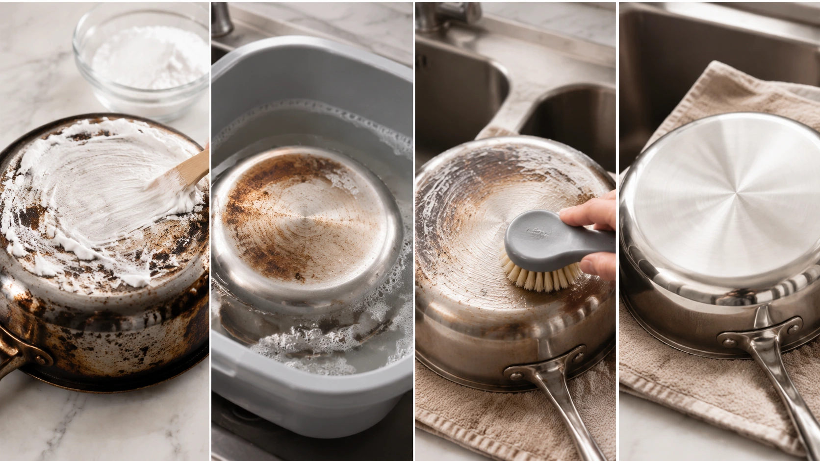 Four-panel view showing how to clean burnt grease from the outside bottom of a pan safely