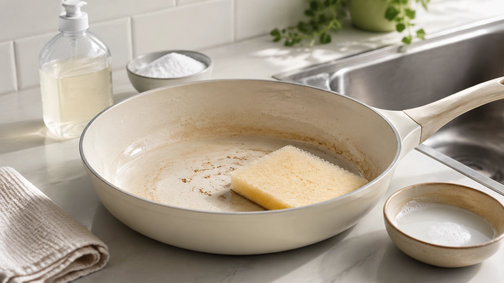Ceramic pan being cleaned gently with a soft sponge and mild solution to protect its delicate enamel coating