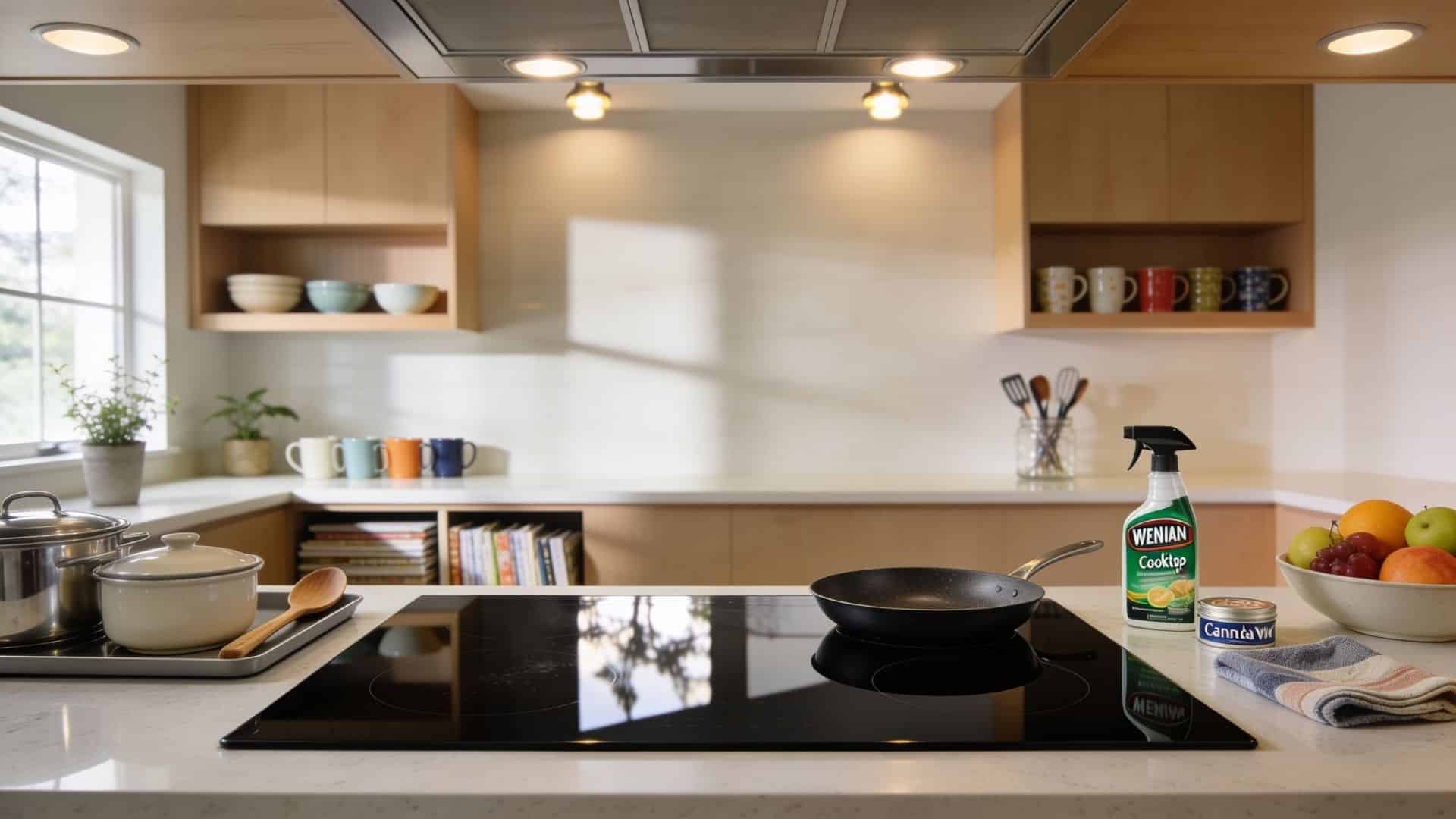 Front-facing modern kitchen with a clean glossy glass stovetop, cookware, and cleaning products on a quartz counter.