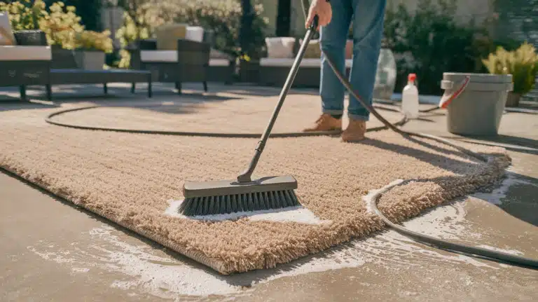 A person using a stiff-bristled push broom to scrub a soapy outdoor carpet on a concrete patio."