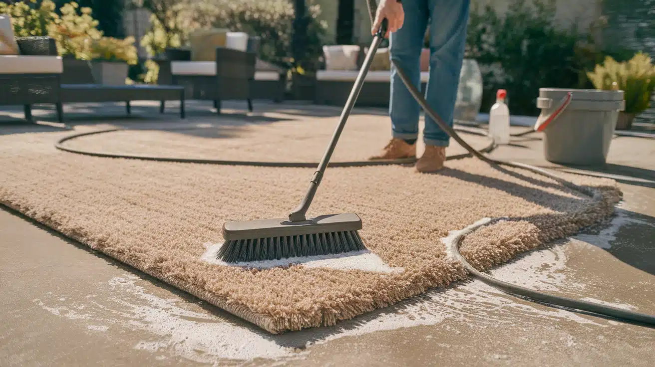 A person using a stiff-bristled push broom to scrub a soapy outdoor carpet on a concrete patio."