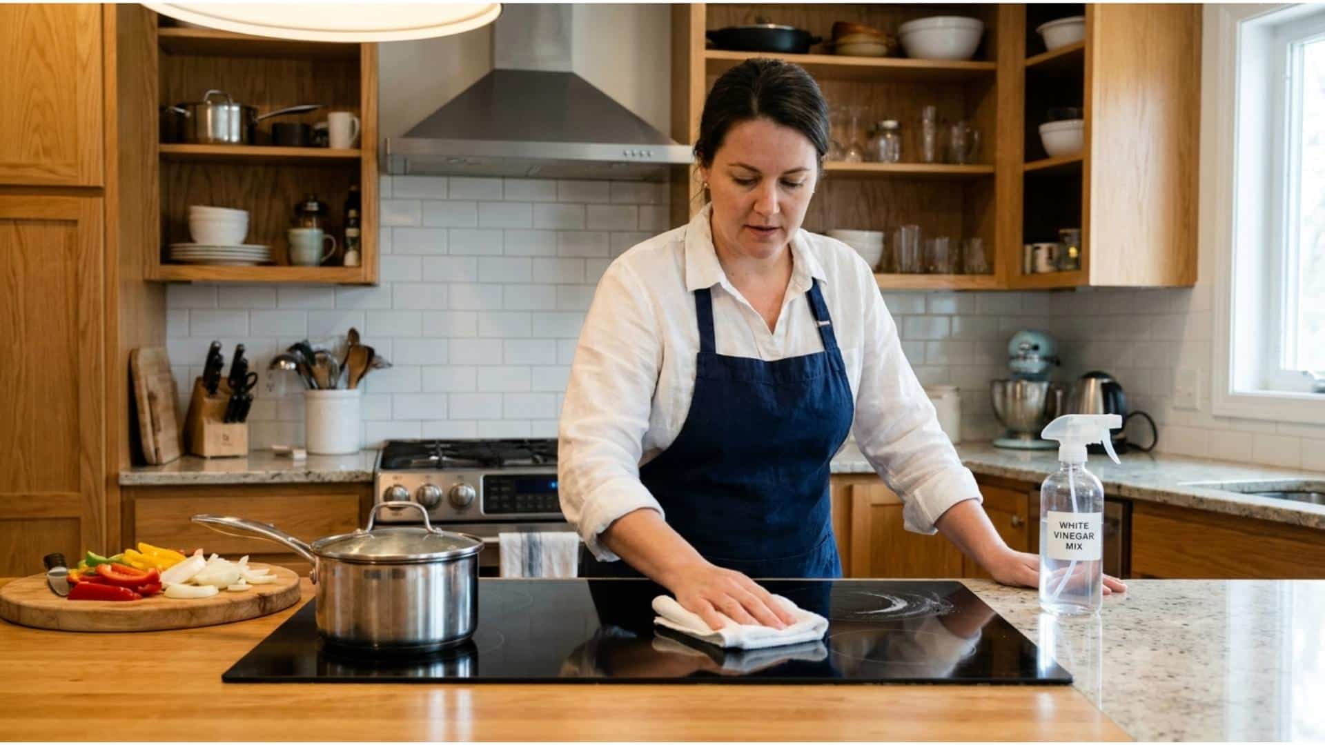 A woman in a blue apron wiping a black glass stovetop with a white microfiber cloth after cooking, with a vinegar spray bottle on the counter beside her and a wooden cutting board with sliced vegetables to the left.