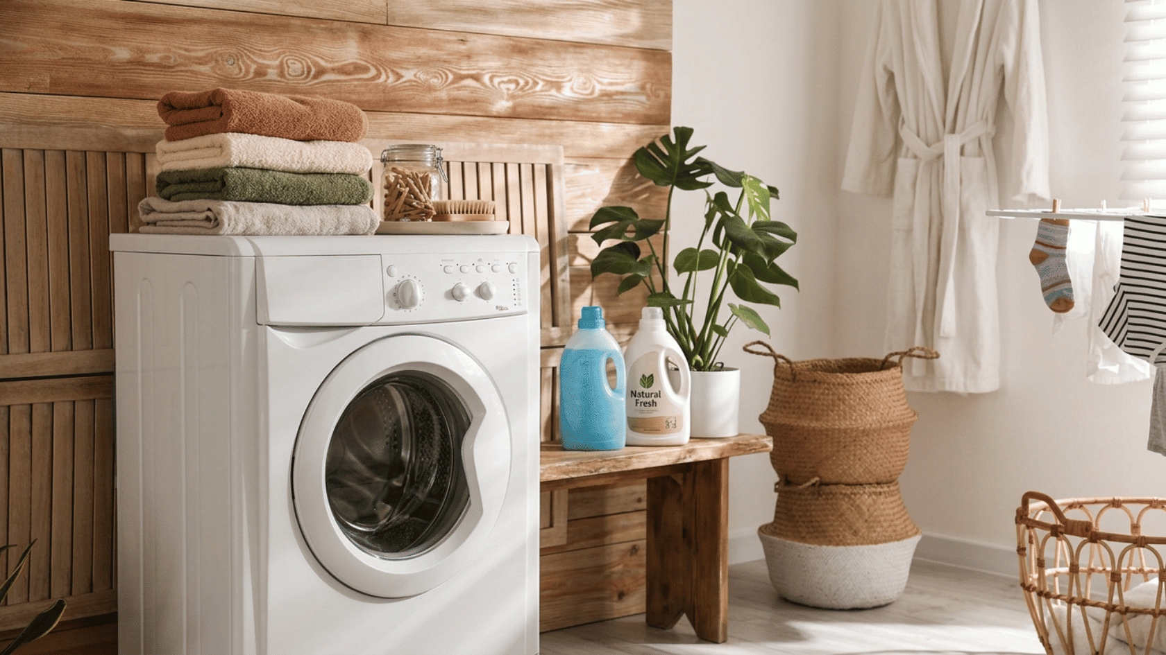 A front-load washing machine in a clean laundry room, perfect for learning how to clean a washing machine at home.