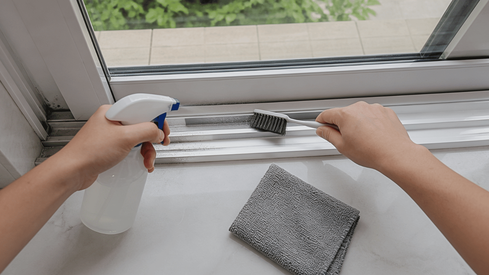 Hands cleaning window tracks with a spray bottle and brush, with a gray microfiber cloth on the sill.