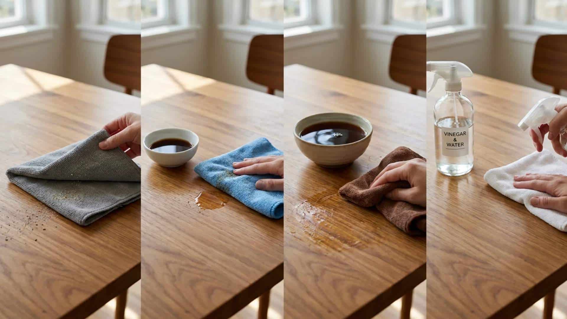 Preparing a wooden table by cleaning crumbs and spills with a cloth