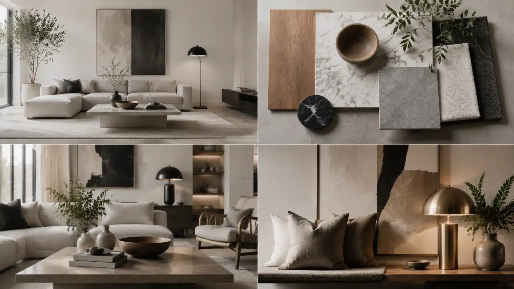 Contemporary interior design ideas showing neutral colors, mixed materials, quality decor, and modern styling