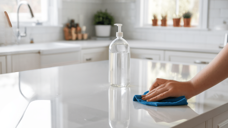 A person's hand using a blue microfiber cloth to wipe down a clean, glossy white quartz countertop next to a clear soap bottle.