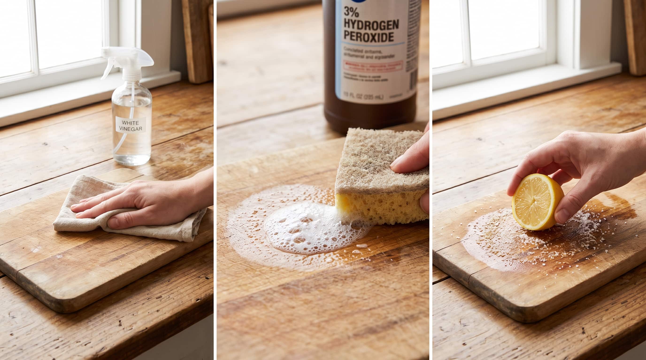 Disinfecting a wooden cutting board using vinegar, hydrogen peroxide, and lemon with salt.