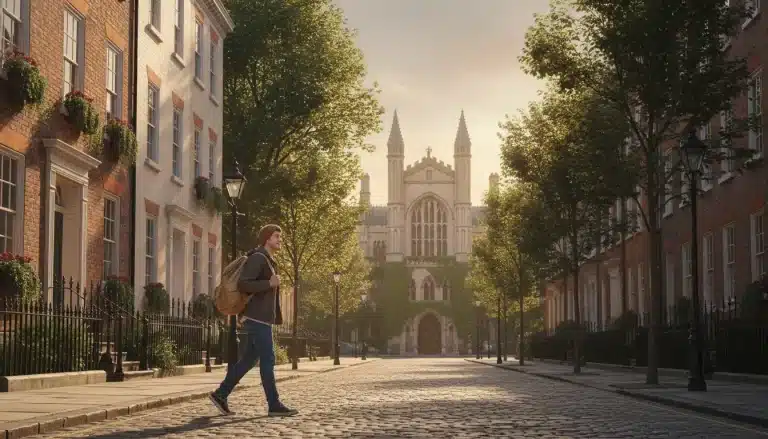 Person walking on cobblestone street with historic building in the background, surrounded by trees