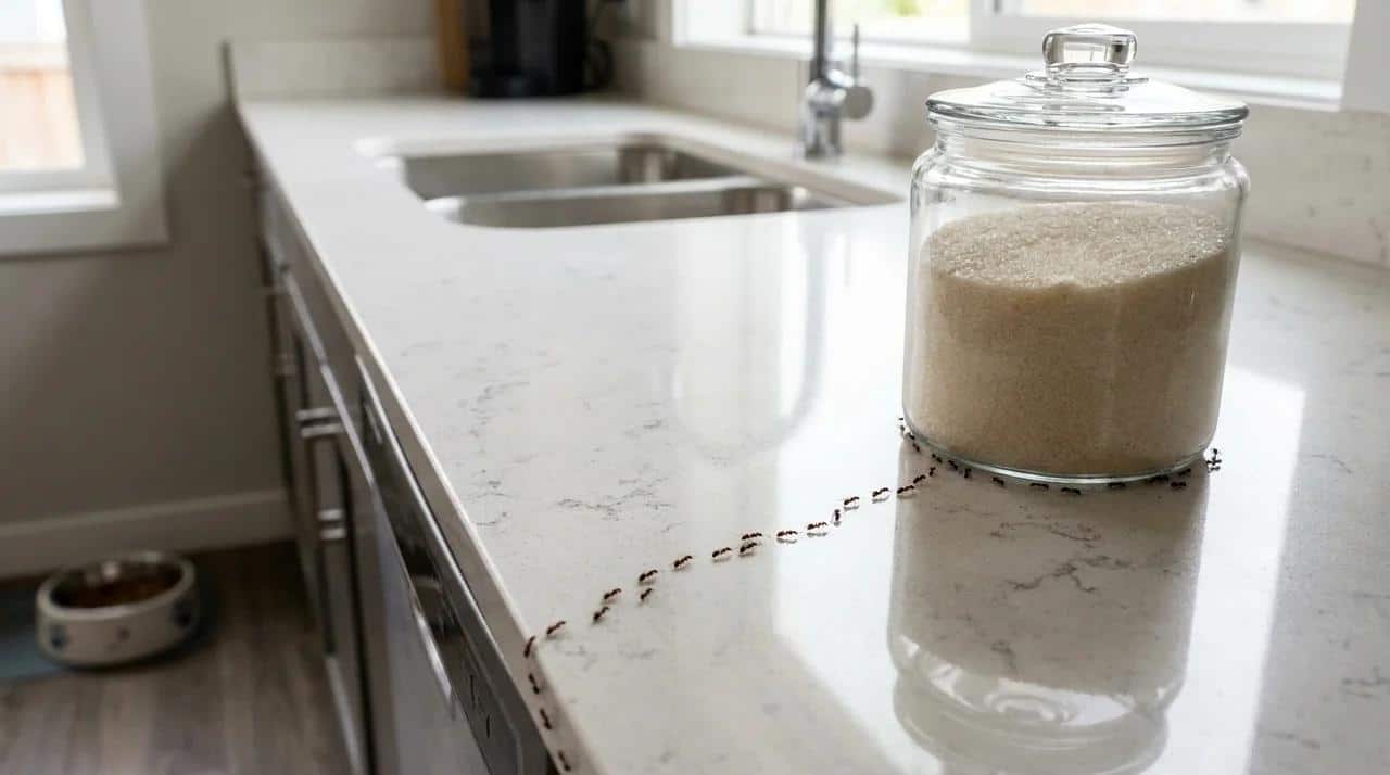 Sugar ants forming a trail toward a sugar jar on a kitchen countertop.