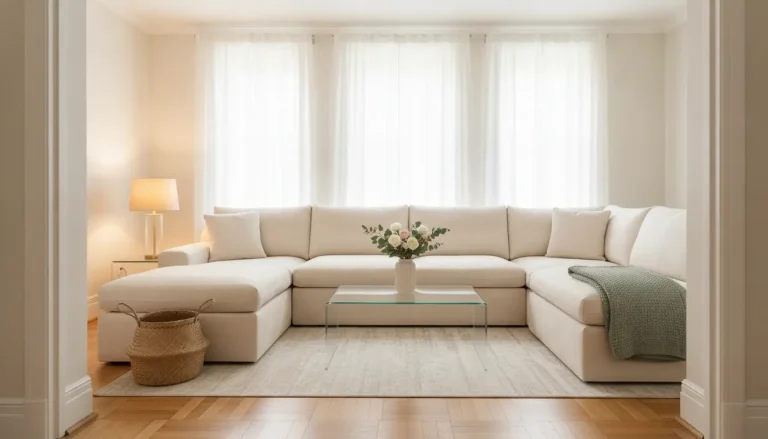Cream sectional sofa in modern living room with glass coffee table and woven basket on hardwood floor