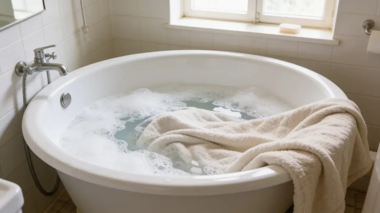 A heated blanket soaking in a bathtub filled with cold soapy water during safe hand washing to protect internal wiring.