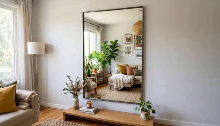 Final mounted mirror on a wall reflecting a bright modern living room interior.