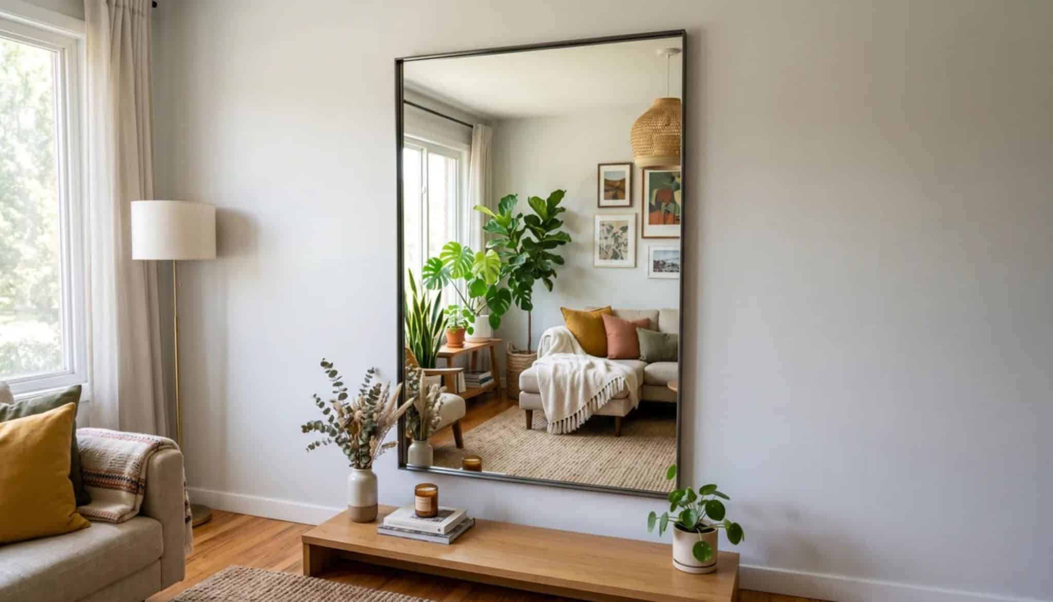Final mounted mirror on a wall reflecting a bright modern living room interior.