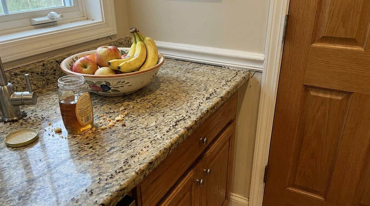 Sugar ants trailing along a kitchen counter near food sources and entry points.