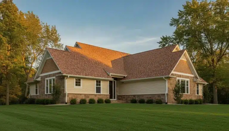 Single-story house with brown roof and stone facade surrounded by trees in outdoor setting