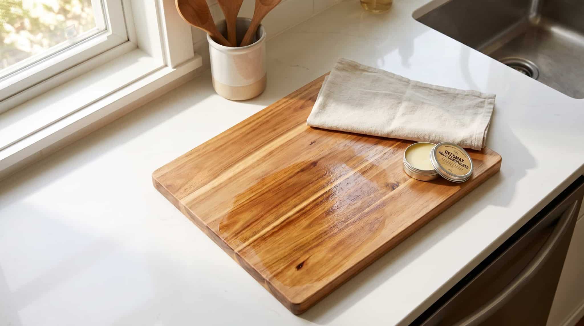 Well-maintained wooden cutting board on a white kitchen countertop with natural light, showing polished wood grain, a cloth, and a small tin of board conditioner nearby.