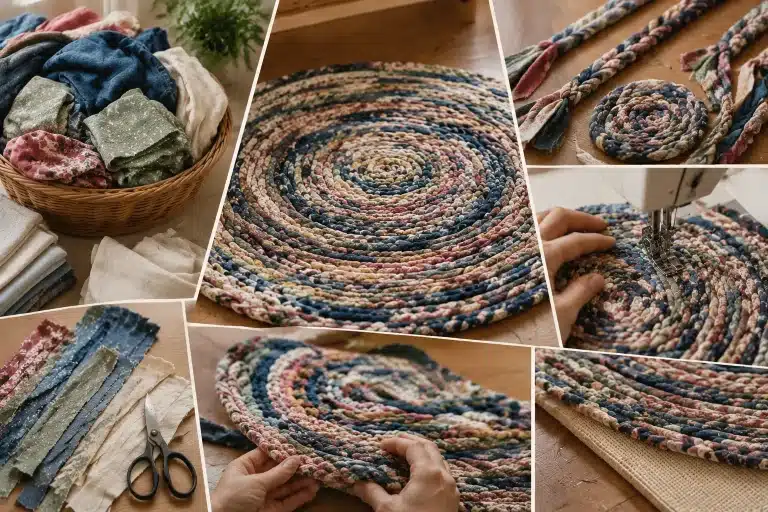 Collage showing a beginner DIY rag rug process with fabric scraps, braided rug making, and finished handmade rug