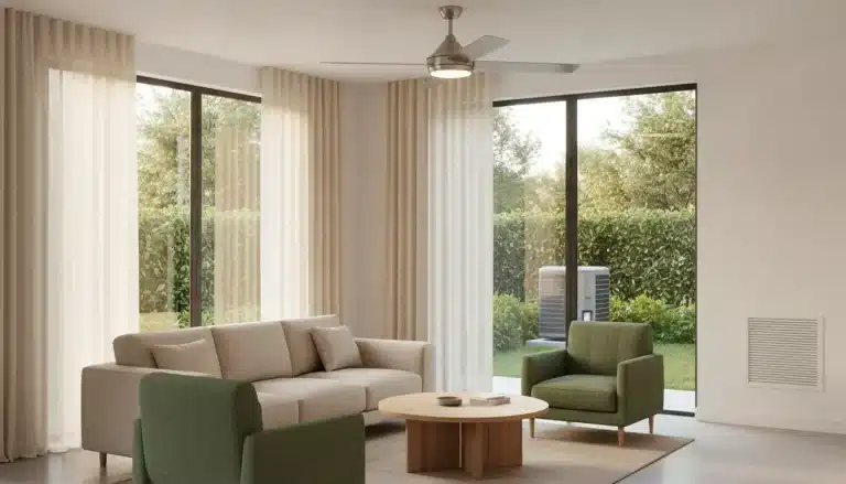 Neutral-toned living room with beige sofa, green armchairs, wooden coffee table, and large windows.