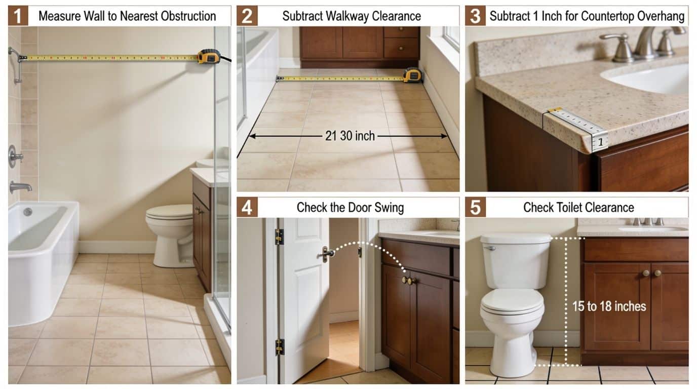 Step-by-step bathroom vanity depth measuring guide collage showing wall clearance, walkway space, countertop overhang, door swing, and toilet clearance.