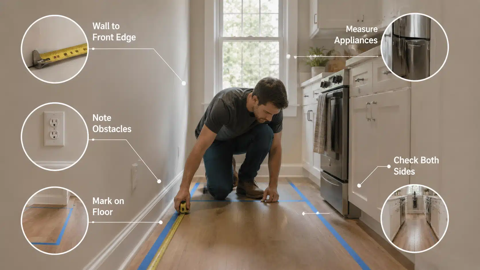 Person measuring cabinet depth in a kitchen using a tape measure with floor markings and clearance checks