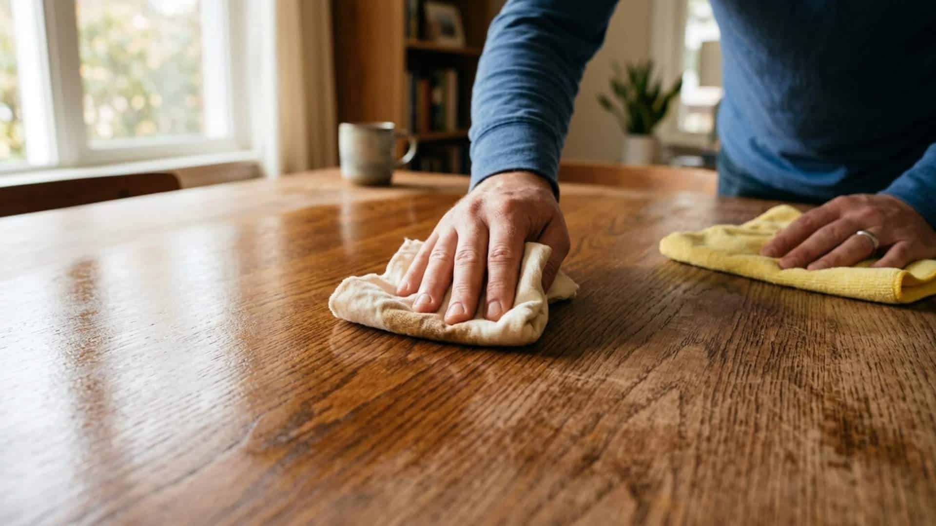 Hands polishing a wooden table to show how to polish wood furniture step by step.