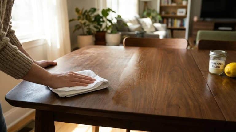 A person polishing a wooden table with a white cloth and vinegar solution.