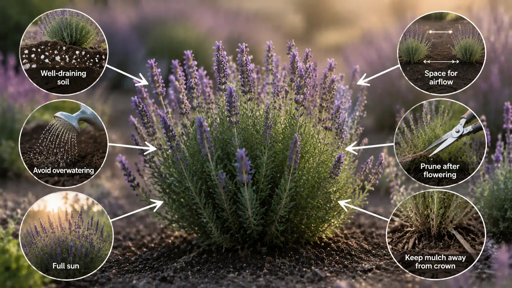 Healthy lavender plant with arrows highlighting care tips like sunlight, drainage, spacing, pruning, and proper watering practices.
