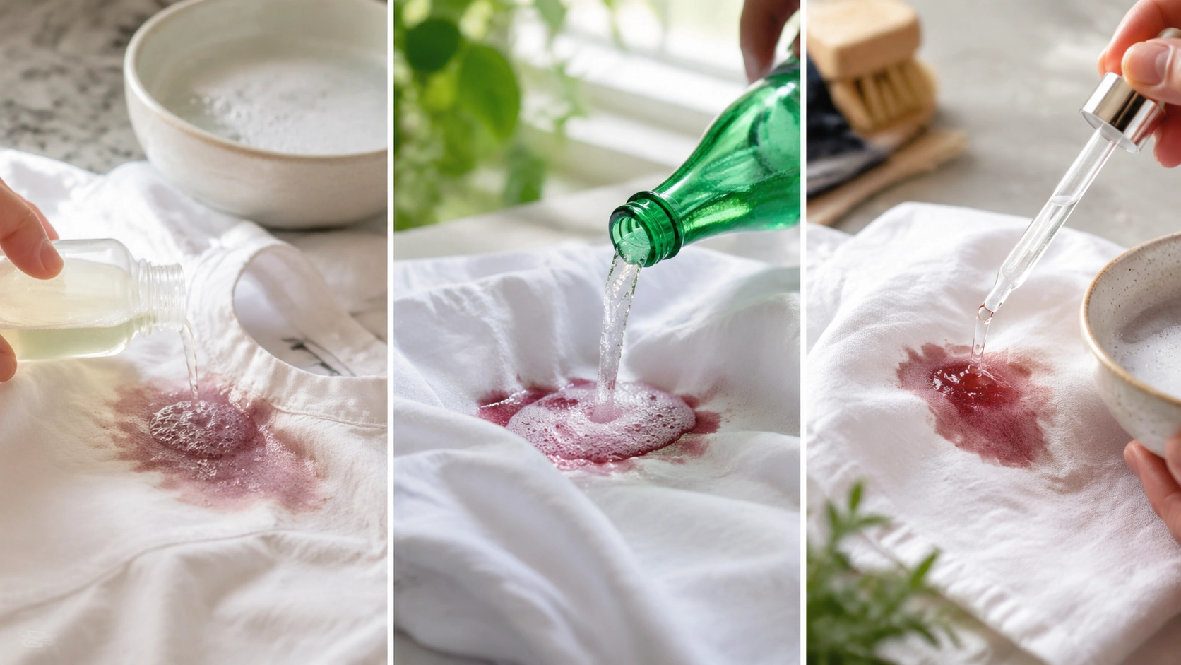 Three-panel image showing fresh red wine stain removal using dish soap, club soda, and hydrogen peroxide on white fabric