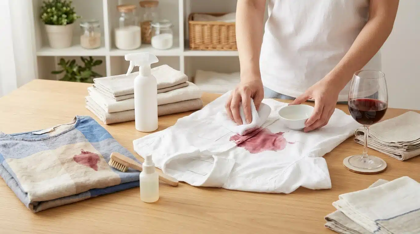 Red wine stains on white and colored clothes with stain removal methods shown in a realistic laundry care setting.