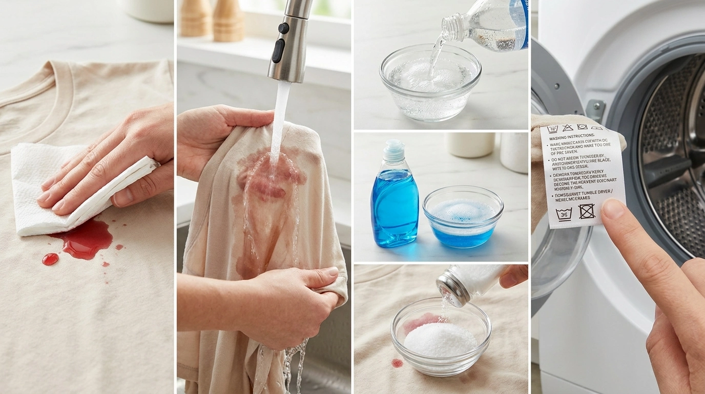 4-panel collage showing steps to remove red wine stains from a white shirt using blotting, rinsing, treatment, and washing