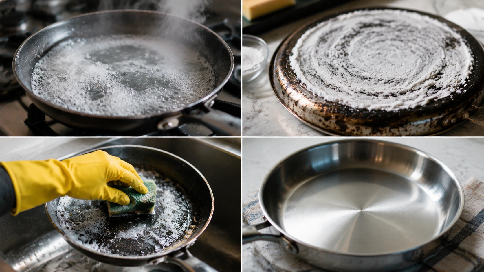 Removing thick black burnt layers from a pan using boiling water, baking soda paste, scrubbing, and deep cleaning methods